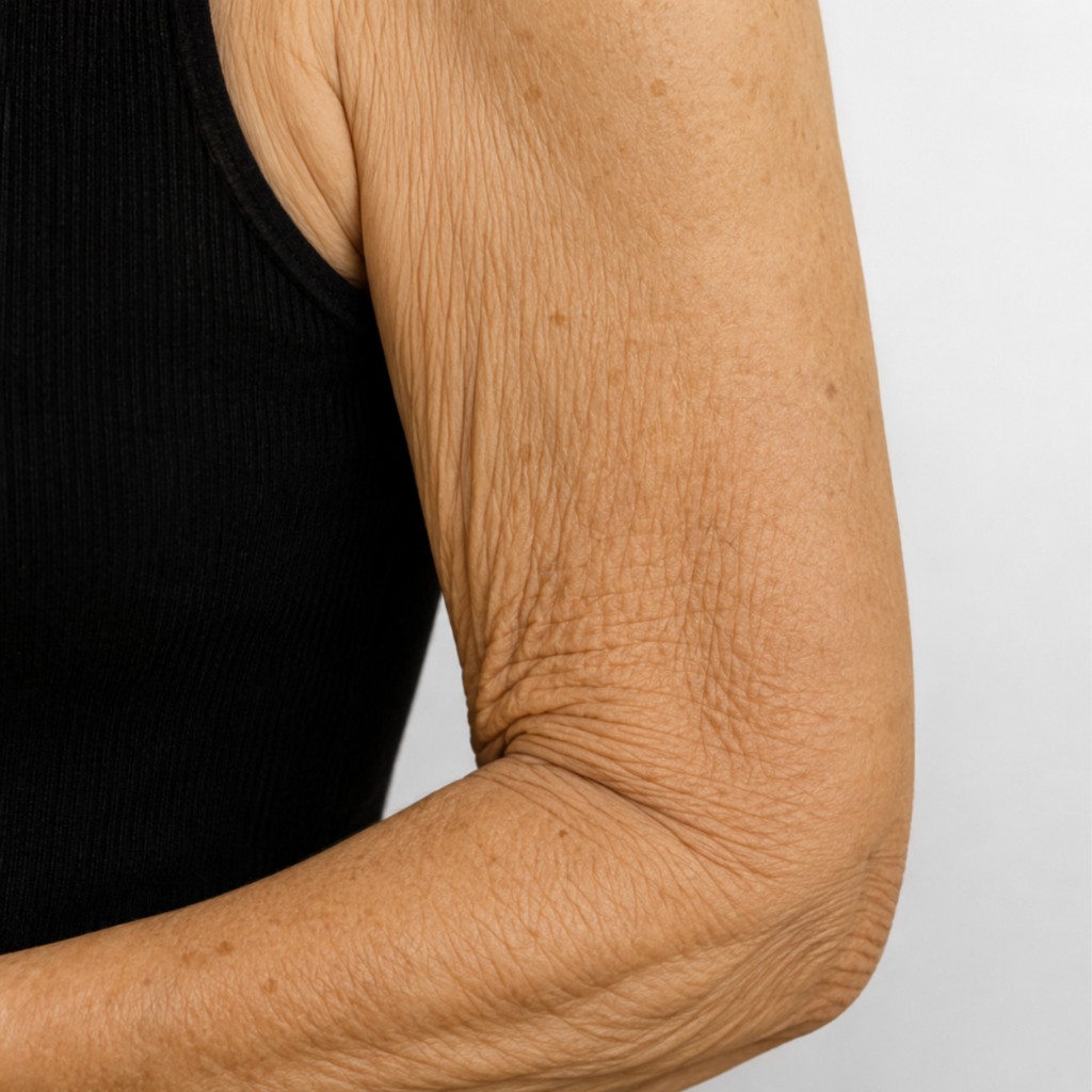 Brazo con piel fina y arrugas finas típicas del envejecimiento cutáneo